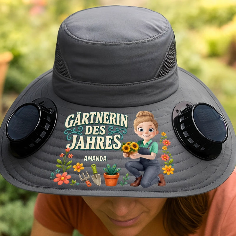 Personalisierter Sonnenhut mit Solarventilatoren – Geschenk für Gärtnerin - Gartenheldin des Jahres