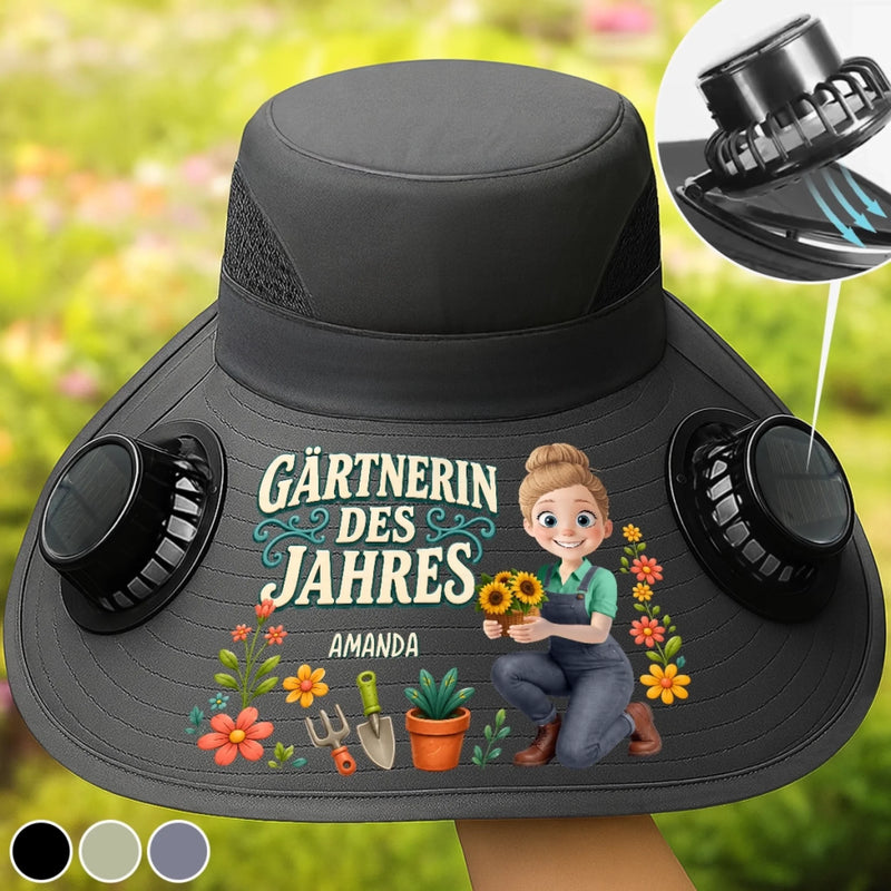 Personalisierter Sonnenhut mit Solarventilatoren – Geschenk für Gärtnerin - Gartenheldin des Jahres