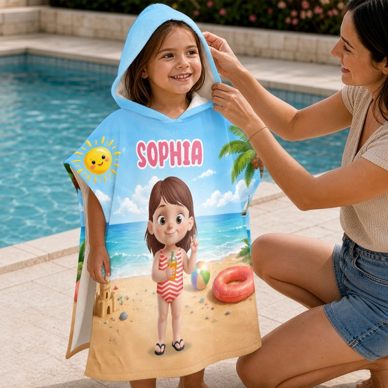 Personalisierter Badeponcho – Geschenke für Kinder – Finde mich am Strand