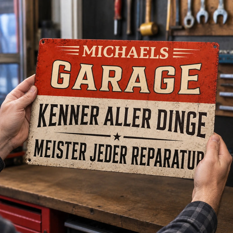 Personalisiertes Metallschild – Geschenk für Männer – Garagenheld seit Tag eins