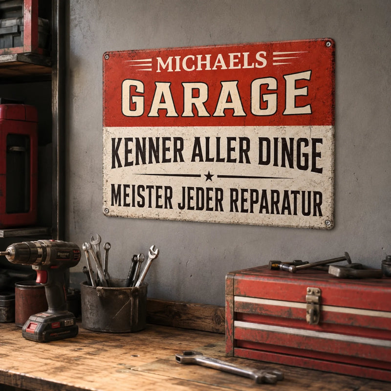 Personalisiertes Metallschild – Geschenk für Männer – Garagenheld seit Tag eins
