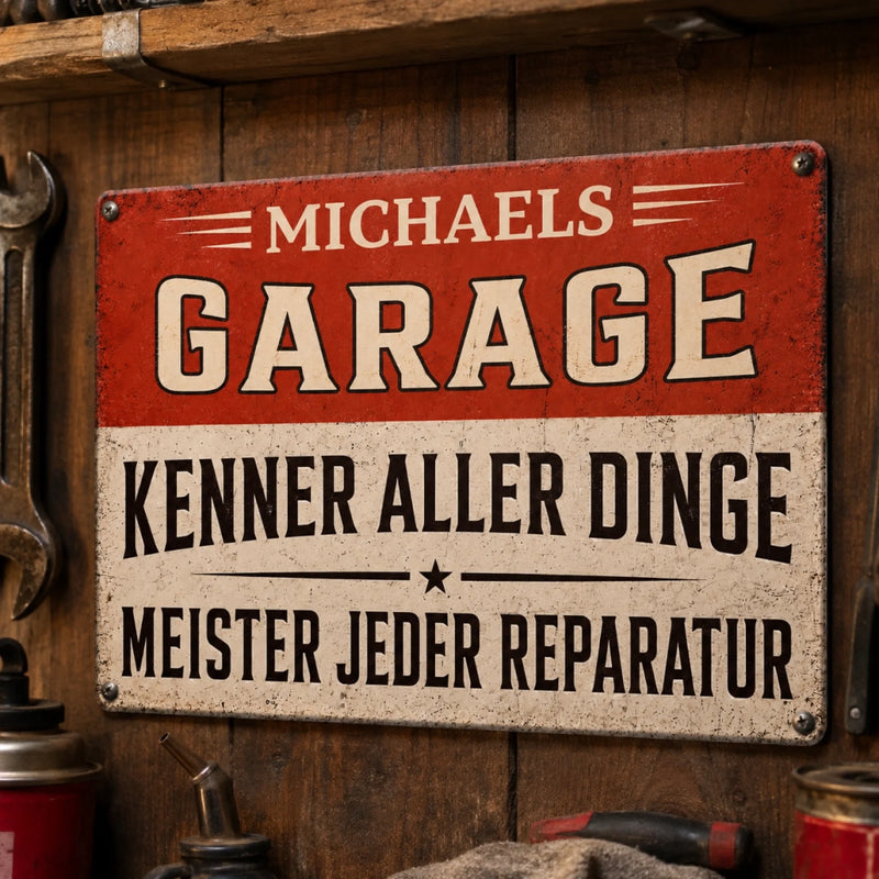 Personalisiertes Metallschild – Geschenk für Männer – Garagenheld seit Tag eins