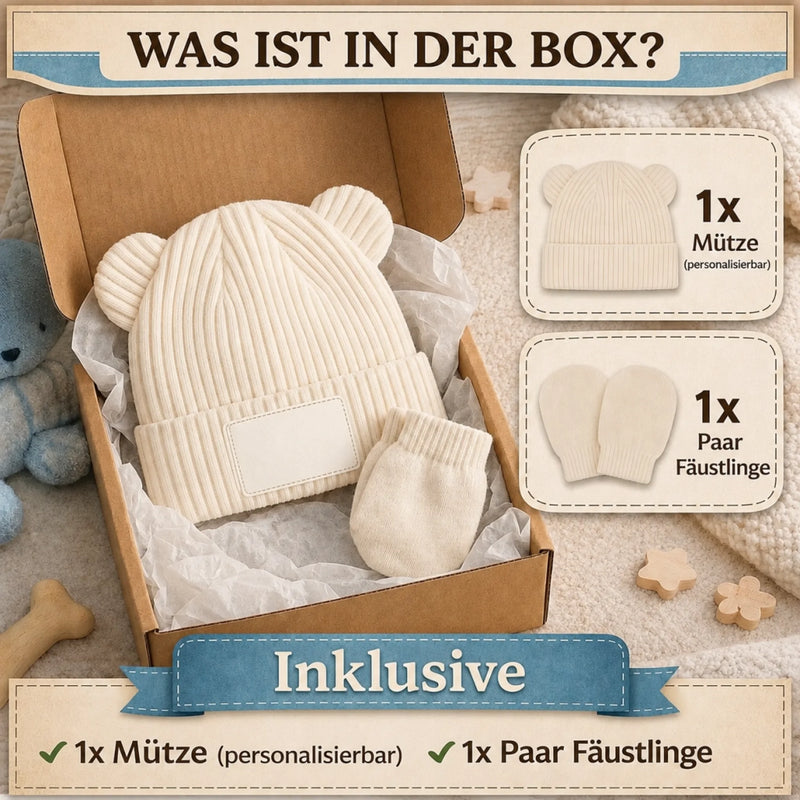 Personalisiertes Babymütze & Fäustlinge Set – Geschenk für frischgebackene Eltern – Willkommen auf der Welt
