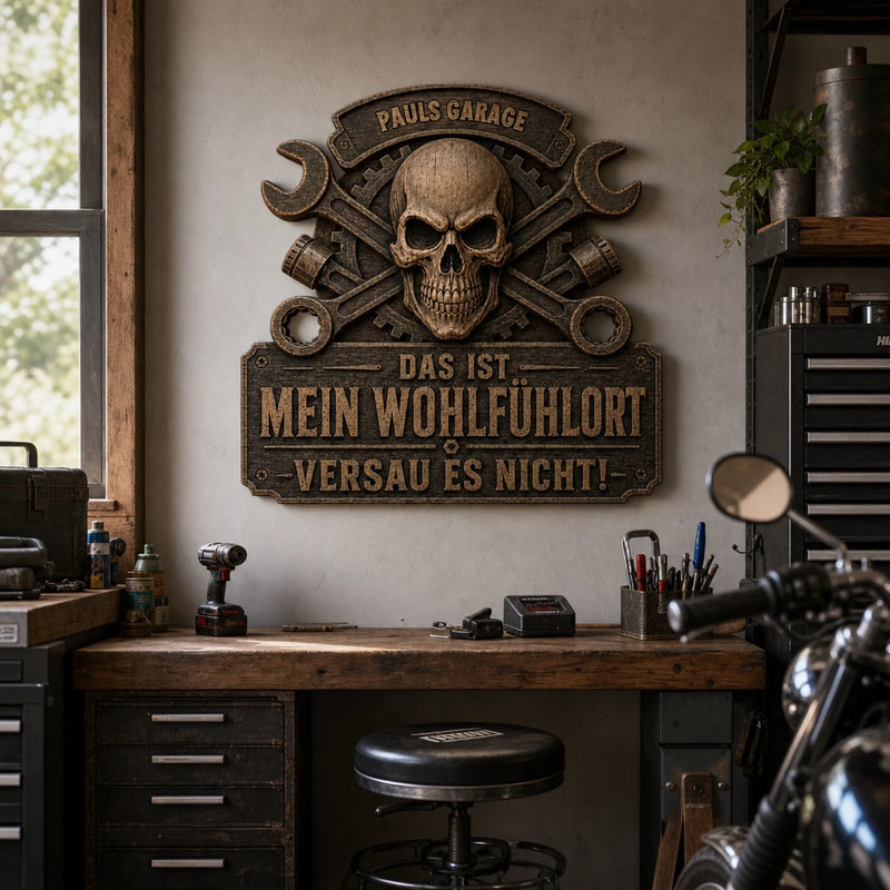 Personalisiertes Holzschild für Papa – Geschenk für Mechaniker, Schrauber & Männer – Das ist mein Wohlfühlort