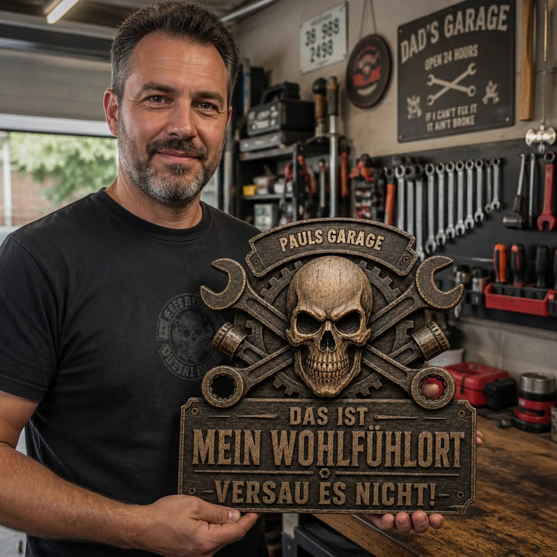 Personalisiertes Holzschild für Papa – Geschenk für Mechaniker, Schrauber & Männer – Das ist mein Wohlfühlort