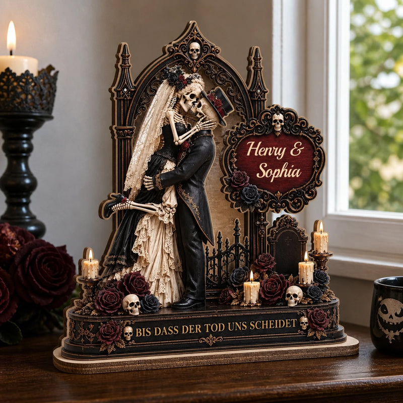 Personalisierte zweilagige Holzplakette - Halloween, Geschenke für Paar – Unsere ewige Gothic-Liebe