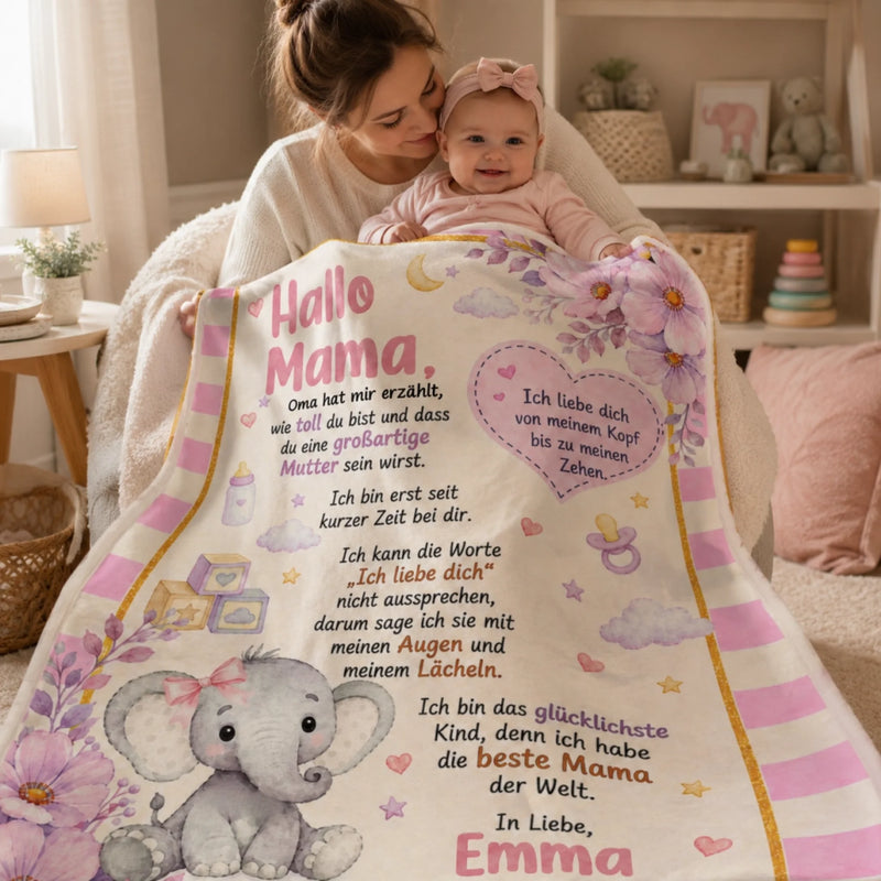 Personalisierte Decke - Geschenk für frischgebackene Eltern - Hallo Mama