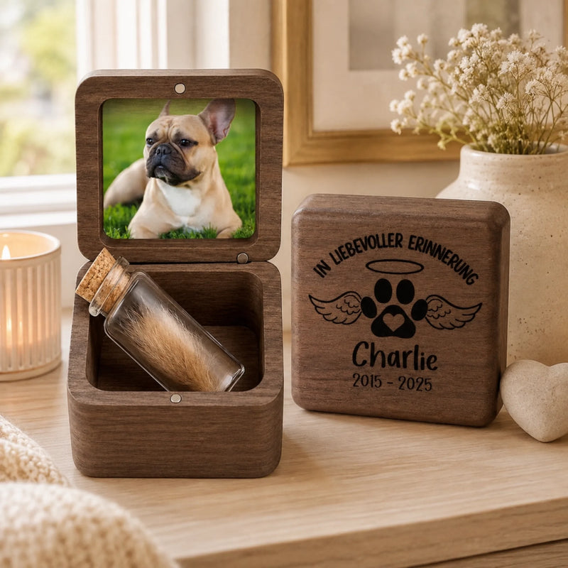 Personalisierte Tierhaar-Erinnerungsbox aus Holz mit Foto – Gedenkgeschenke | Erinnerung an Haustier – In liebevoller Erinnerung