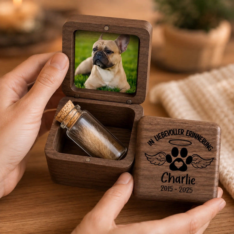 Personalisierte Tierhaar-Erinnerungsbox aus Holz mit Foto – Gedenkgeschenke | Erinnerung an Haustier – In liebevoller Erinnerung