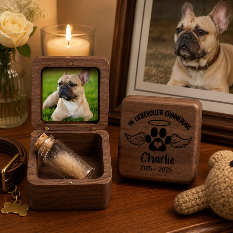 Personalisierte Tierhaar-Erinnerungsbox aus Holz mit Foto – Gedenkgeschenke | Erinnerung an Haustier – In liebevoller Erinnerung