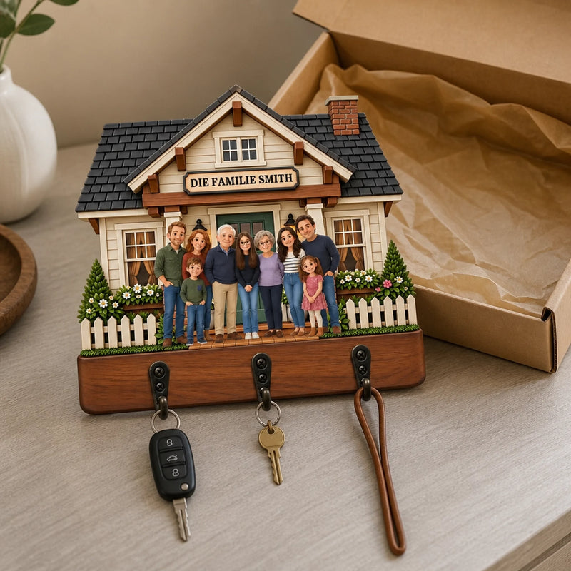 Personalisierte Schlüsselbrett aus Holz mit Foto – Geschenk für Familie - Hier Wohnt Das Glück
