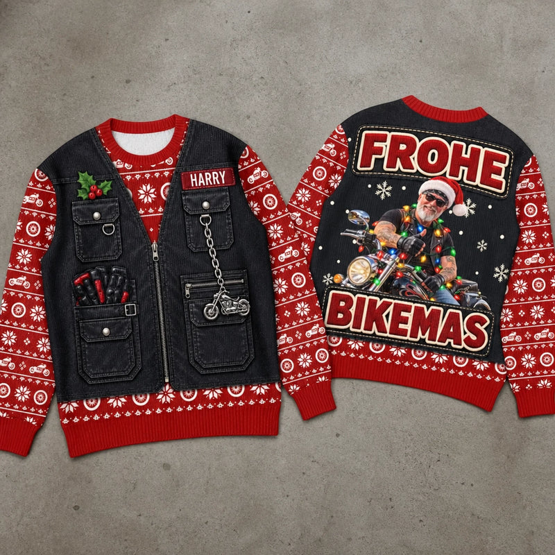 Personalisierter Weihnachtspullover mit Foto – Weihnachtsgeschenk für Motorradliebhaber, Männer – Weihnachten auf zwei Rädern